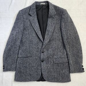 Vntge HARRIS TWEED Herringbone Wool Sport Coat Blazer Jacket Gray Black Blue 42S